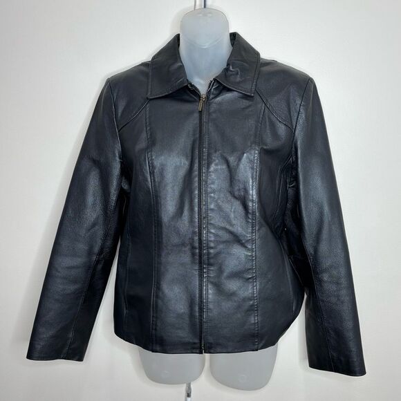 Vintage 100% leather jacket zip up black animal print lining 90s Y2K small goth - Picture 1 of 7